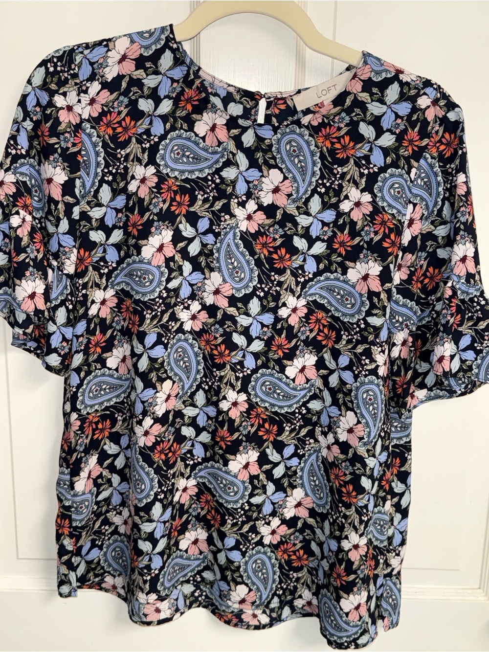 LOFT Black Floral Paisley Short Sleeve Blouse with Blue and Pink Accents